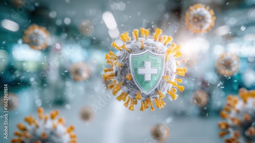 Defensive Shield Against the Virus: A vibrant image of microscopic pathogens, symbolizing the fight against disease, features a protective shield, representing health security.