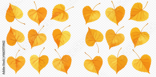 A beautiful collection of illustrated heart-shaped autumn leaves in warm yellow and orange tones.