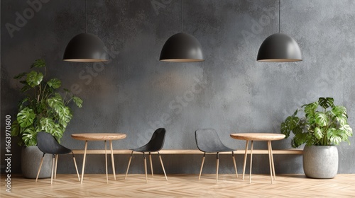Modern minimalist cafe interior design with dark gray walls and wooden furniture.