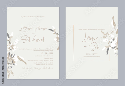 Wedding invitation and save the date template set with a minimalist design and elegant painterly floral illustration on a light green background