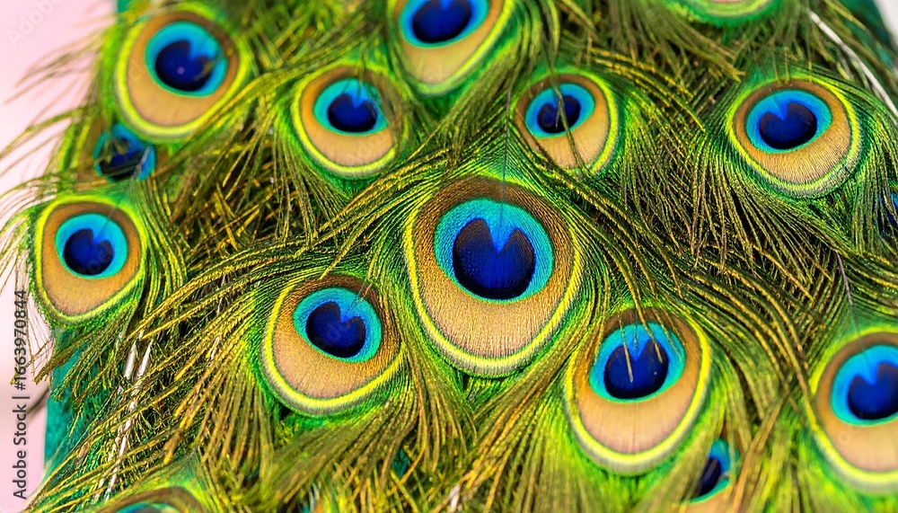 Obraz premium Detailed close-up view of vibrant peacock feathers, showcasing intricate patterns and a spectrum of beautiful colors.