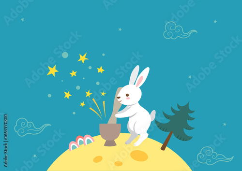 Moon rabbit pounding rice cakes on the full moon. Korean traditional holiday Chuseok illustration.