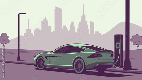 Electric Vehicle Charging Station Scene with City Skyline Background