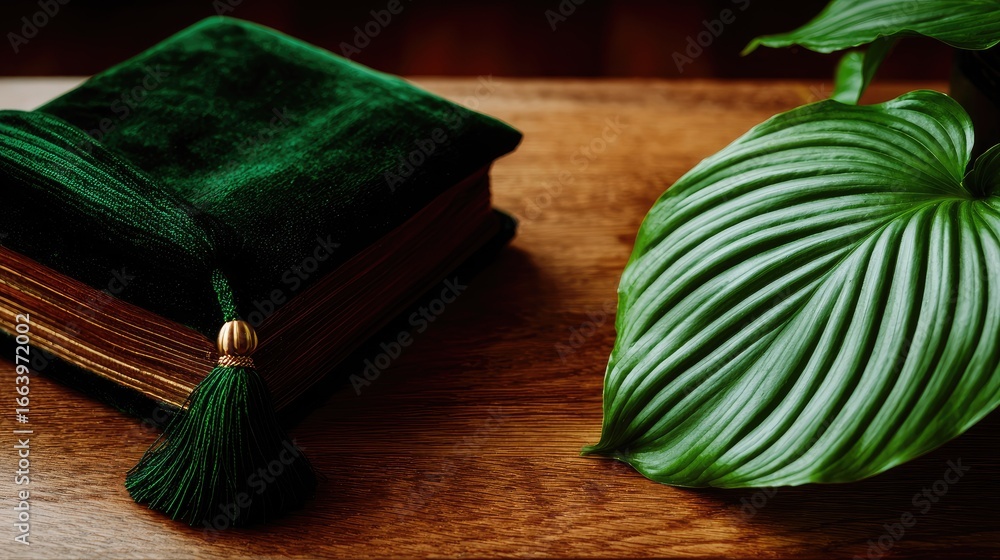 Fototapeta premium Emerald green velvet book with gold accents on a wooden surface.