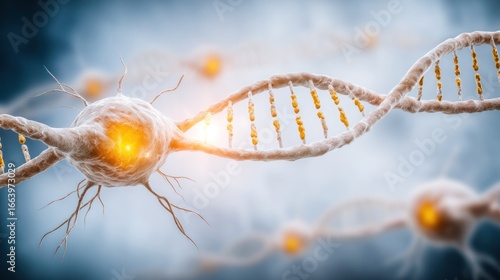 The Essence of Genetic: A captivating illustration of the intricacies of the DNA structure intertwined with neural cells, signifying the depths of science.