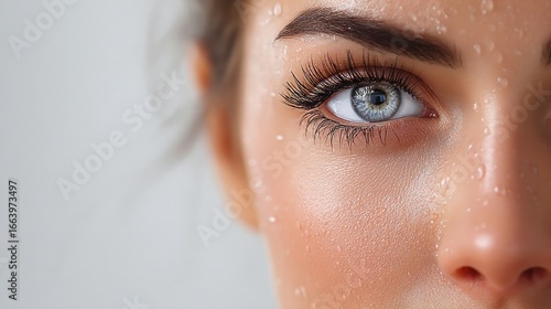 Subtle Radiance: Close-up of a radiant eye framed by skin glistening with droplets, highlighting the essence of natural beauty.