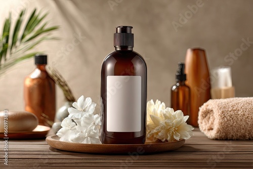A brown glass bottle of lotion or shampoo,  with a blank label, sits on a wooden tray amongst other spa products.  Soft lighting and cream-toned background with plants