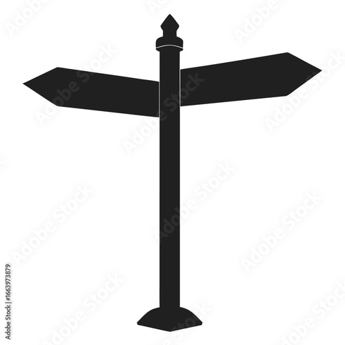 Black silhouette of a two-way directional signpost on white background road path