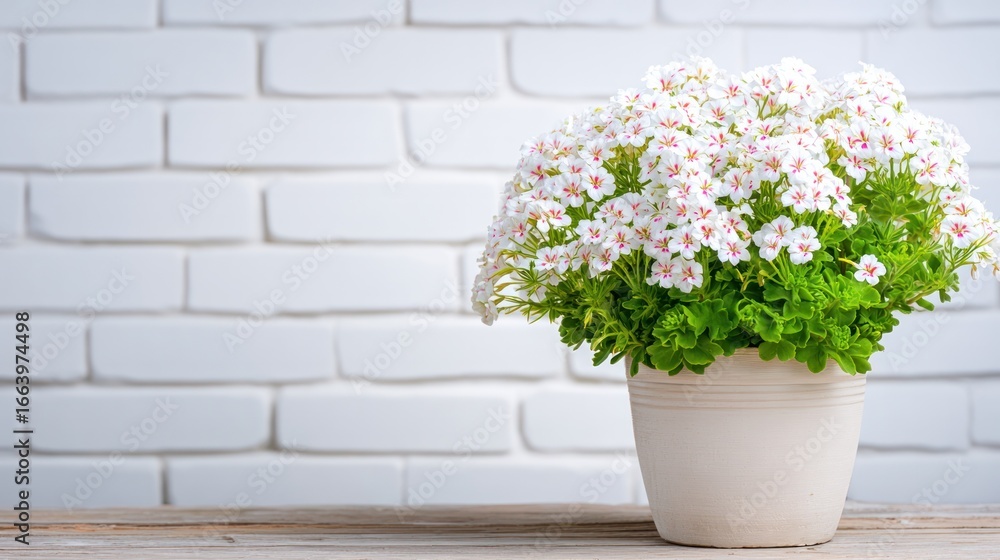 Fototapeta premium Blossoming Beauty: A vibrant display of delicate white flowers, nestled in a simple pot, radiates freshness against a textured brick backdrop, evoking a sense of serene elegance.