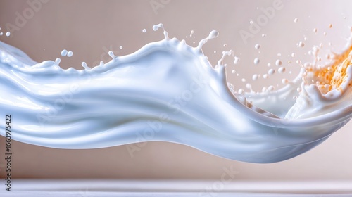 Dynamic Dairy: A splash of fresh, pure milk dances mid-air in a photorealistic display of fluidity and purity. Capturing the essence of freshness and dairy delight.