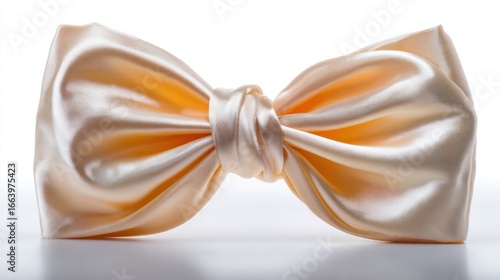 Elegant Bow: A close-up shot of a gracefully tied bow, crafted from luxurious, ivory-toned fabric. The bow is perfectly positioned, highlighting its intricate folds and soft texture.
