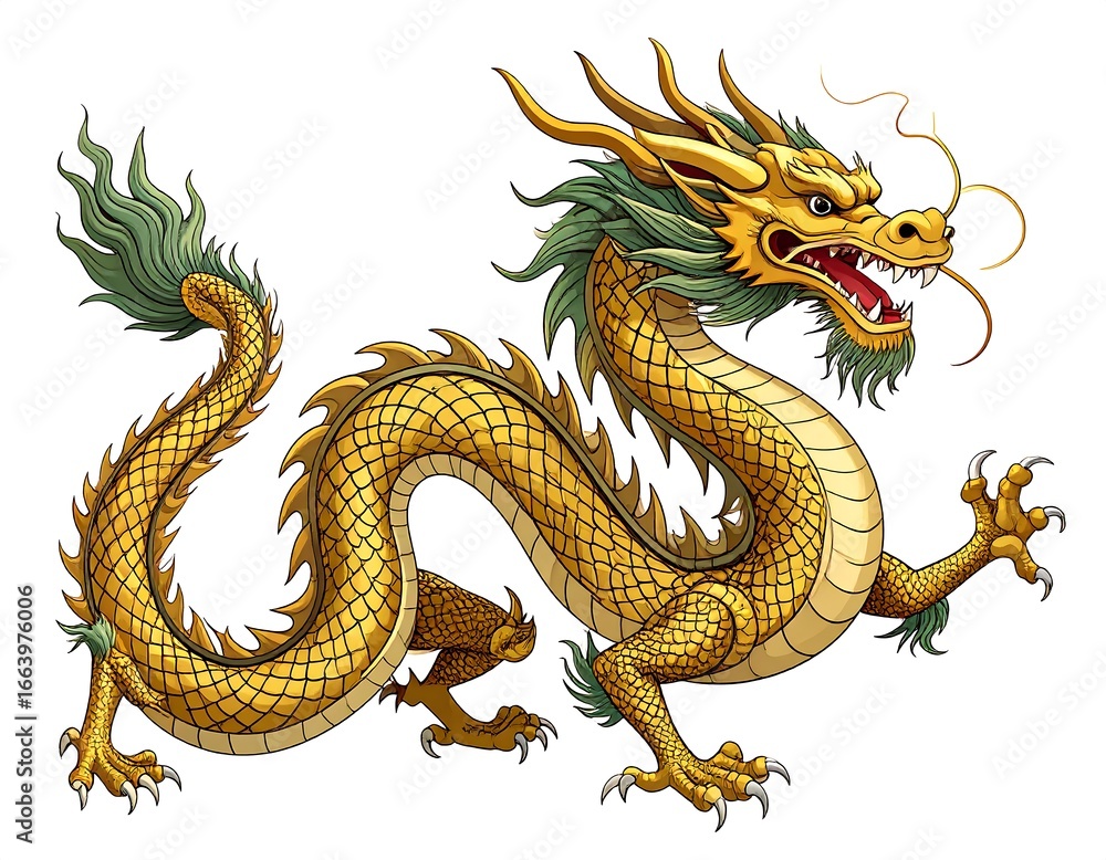 Obraz premium Golden dragon in profile, fierce expression