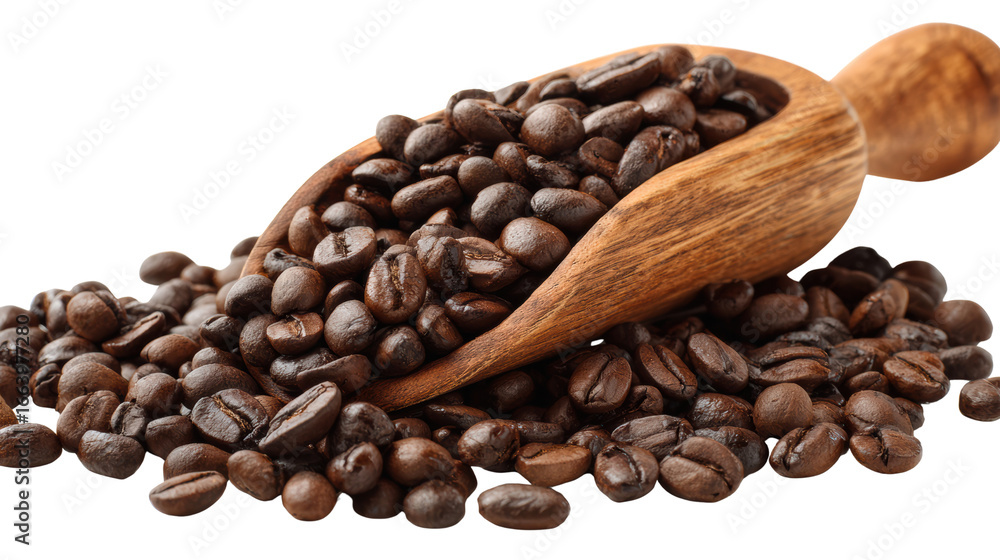 Fototapeta premium Coffee beans in a wooden scoop, isolated on white background.