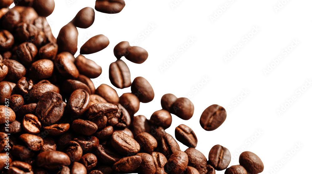 Naklejka premium Coffee beans on black background, rich texture and aroma, perfect for coffee lovers.