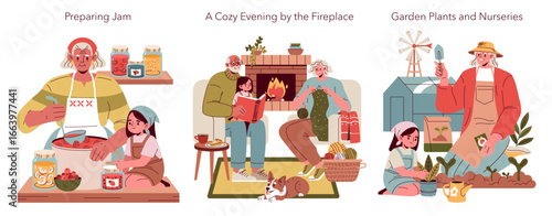 Cozy Family Activities Illustrated in Three Scenes