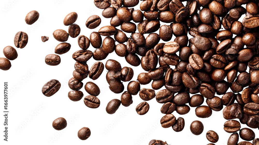 Naklejka premium Coffee beans scattered on a surface, showcasing rich color and texture.