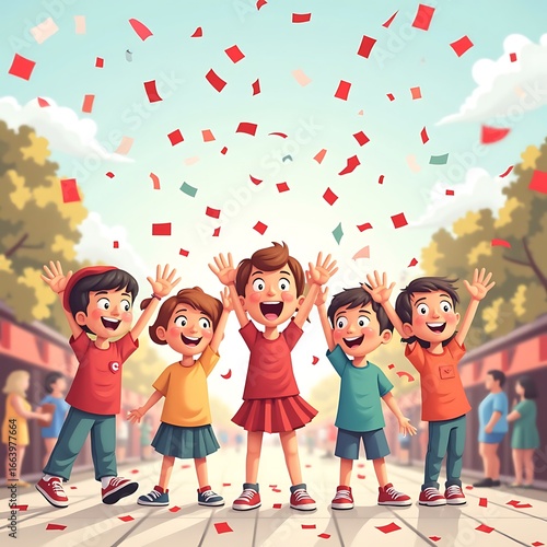 Joyful Children Celebrate with Red Confetti in a Vibrant Cartoon Style