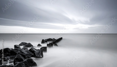A serene coastal scene, featuring dark rocks extending into a tranquil ocean, under a soft, overcast sky.