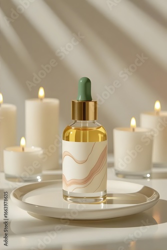 An elegantly minimalist cosmetic bottle perfectly balanced on a stack of smooth, natural stones, evoking a serene sense of organic skincare and personal wellness routine
