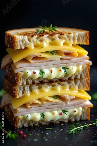 Delicious stacked sandwich with layers of toasted bread, melted cheese, and cured meat, garnished with fresh herbs