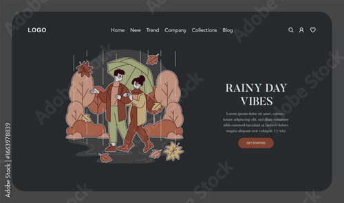 Couple Enjoying Autumn Rain with Umbrella Vector