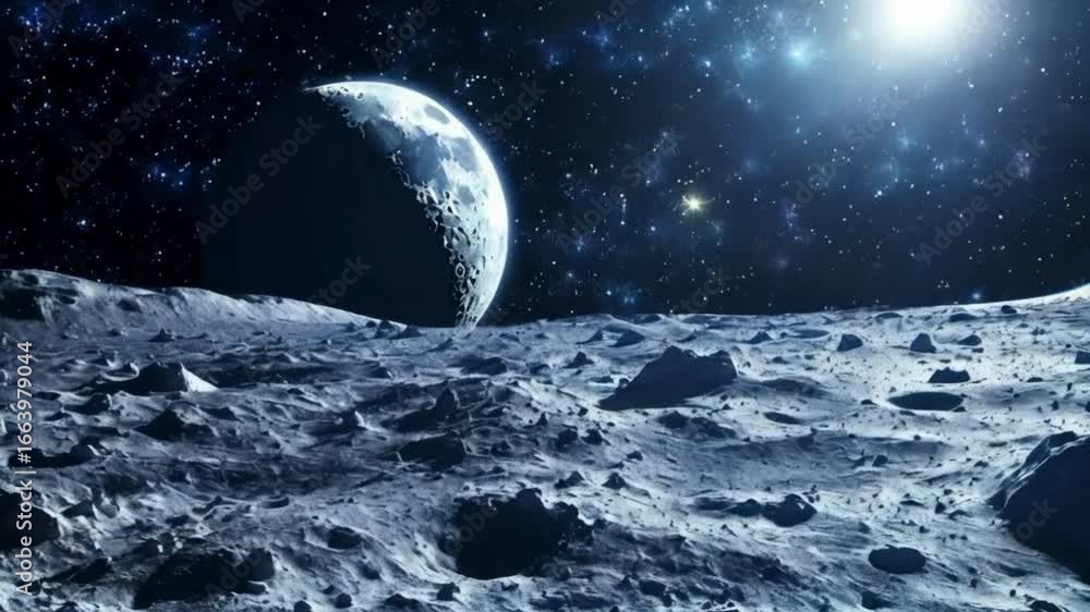 Moon surface on the space with sparkling stars.