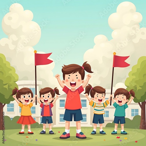 Joyful Children Celebrate with Flags in a Cheerful Cartoon Style