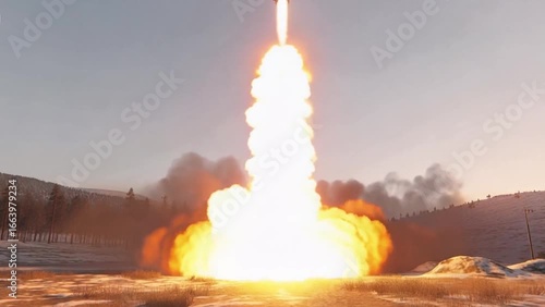 Ballistic Missile Launch with Explosion Fire and Smoke