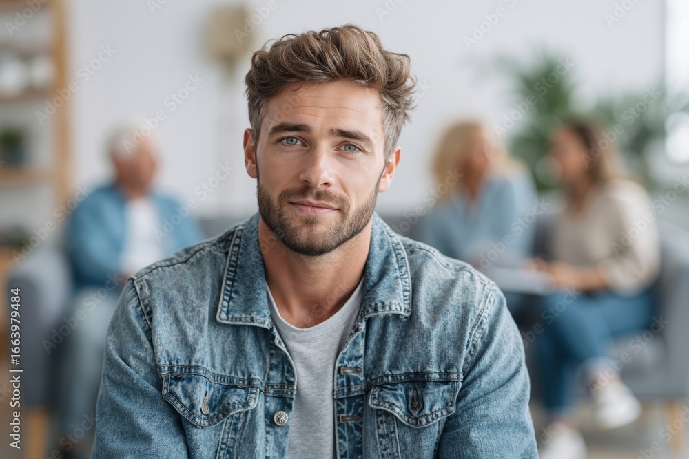 Naklejka premium A man in a denim jacket sitting in front of a group of people