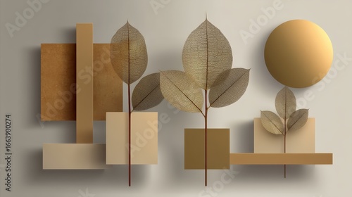 Modern Abstract Composition with Golden Leaves and Geometric Shapes in Earthy Tones