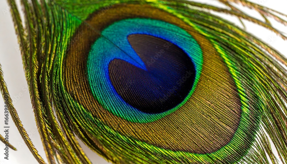 Fototapeta premium Detailed close-up view of a peacock feather, showcasing vibrant colors and intricate patterns.