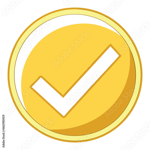 Yellow Check Mark Inside a Golden Circle with a White Background tick correct