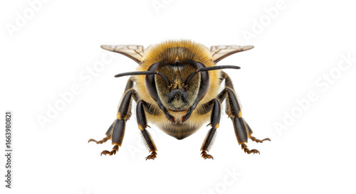 Detailed Close-Up Front View of a Fuzzy Honey Bee Insect with Translucent Wings and Black Legs Against a Black Background