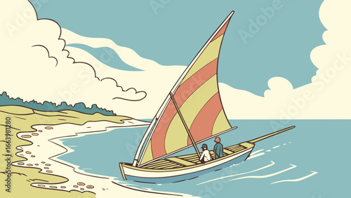 Explore sailing boat adventure on a sunny day seascape with vintage sailboat illustration for travel enthusiasts