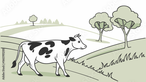 Illustration of a cow grazing in a field with trees and hills in the background farm animal vector art