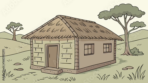 Rural african village hut drawing illustration with thatched roof and trees landscape vector design art