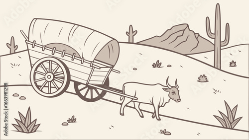 Covered wagon ox drawing in desert landscape vector illustration for western theme design and coloring page
