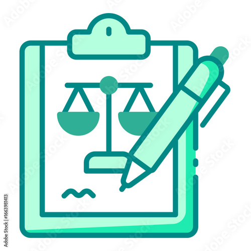 legal contract green filled line icon showing document with justice scales and pen