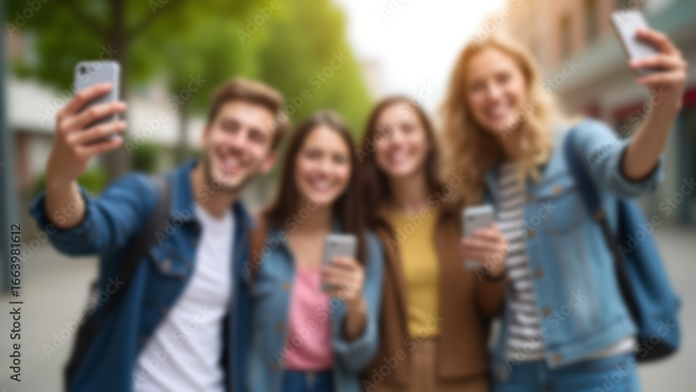 Obraz premium Blurred photo of teenagers taking selfies with smartphones, modern lifestyle atmosphere