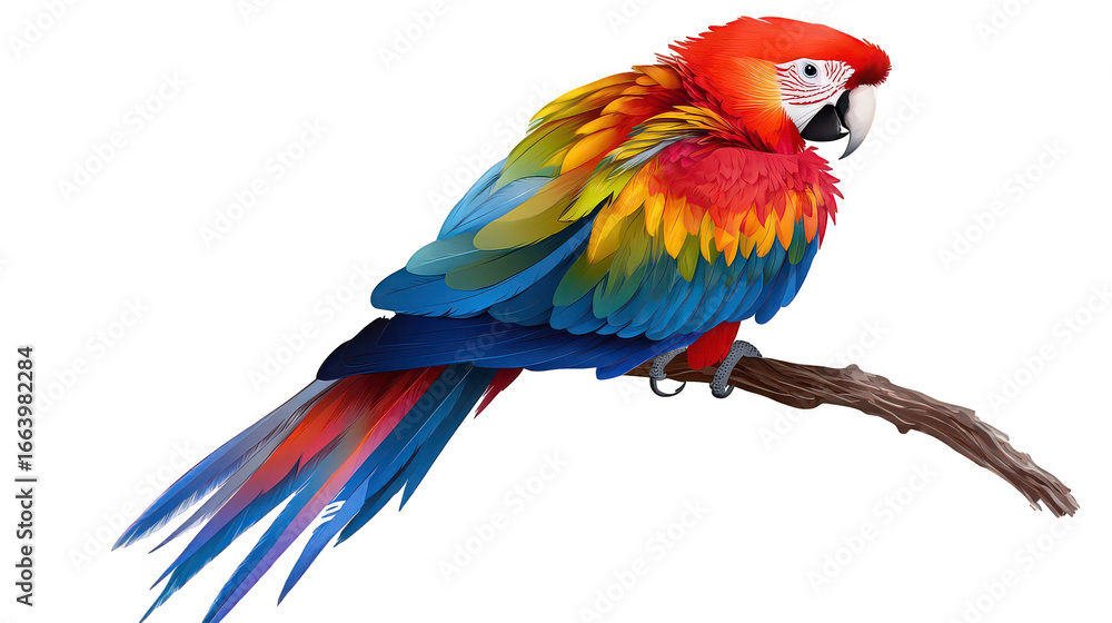 Fototapeta premium A vibrant macaw perched gracefully on a branch against a stark black background showcasing its plumage