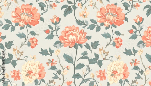A delicate floral pattern showcases large, vibrant blossoms in shades of peach and cream, complemented by muted teal foliage on a light gray background.