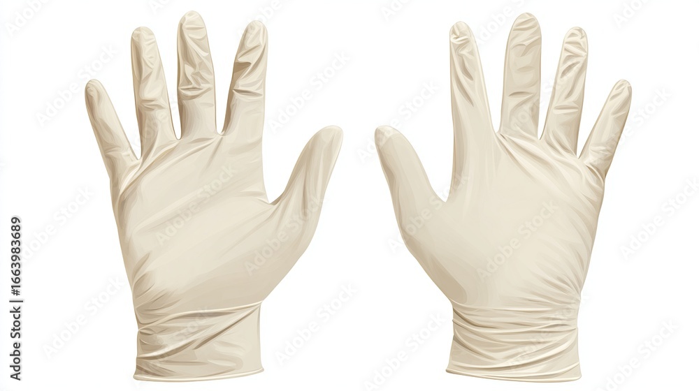 Obraz premium Two white latex medical gloves, open-palmed and facing forward, over white