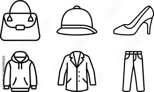 Black outline fashion icons on white background clothing