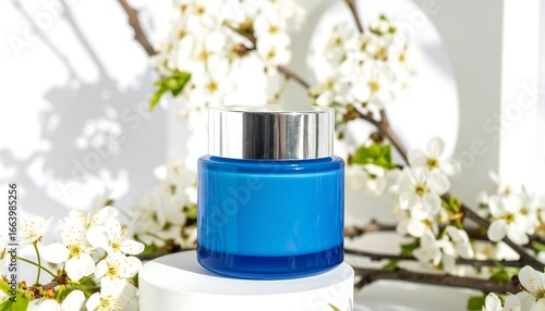 A vibrant blue cosmetic jar sits amidst delicate white blossoms, bathed in natural light.