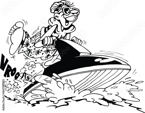 Dynamic illustration of a person actively enjoying watersports on a sleek speed boat captured in a vibrant and energetic vector graphic