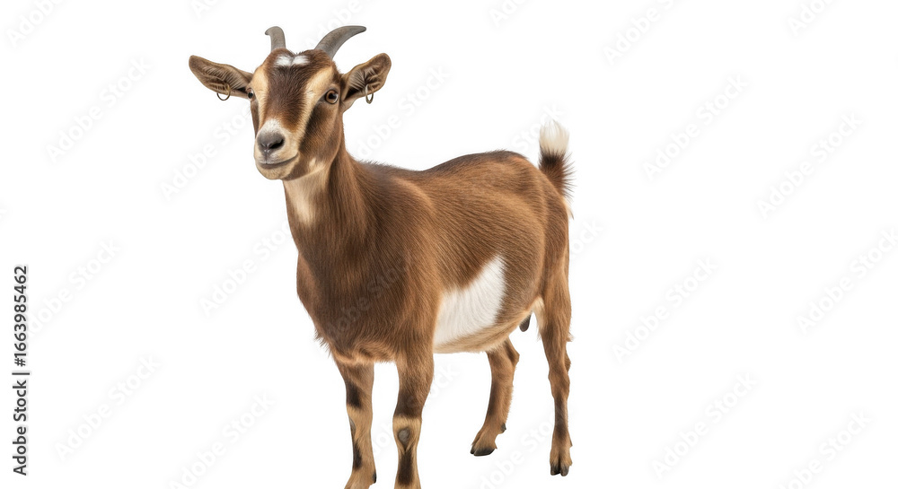 Fototapeta premium A Beautiful Brown Goat Standing Proudly with its Horns and White Patches on a Transparent Background