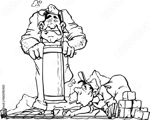 Two men collaborating on a construction project building a structure together teamwork and engineering concept