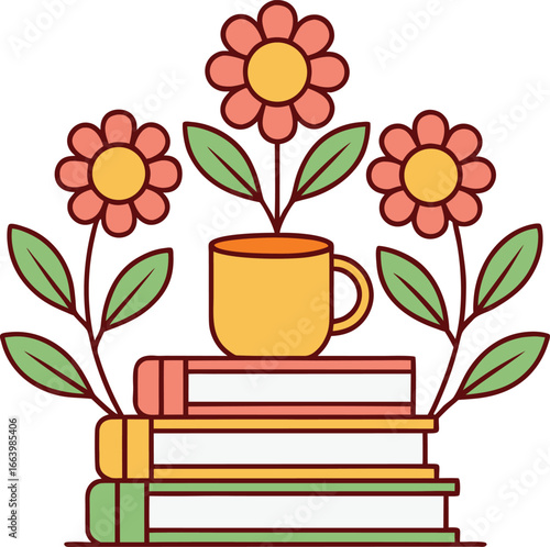 Stacked books with flowers and cup reading beverage
