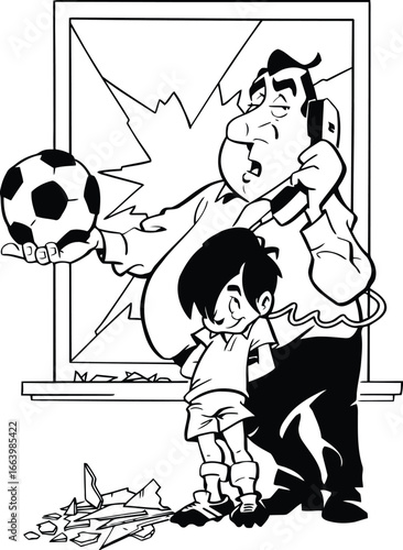 A child breaking a window with a ball depicted as a colorful and dynamic vector illustration suitable for themes of mischief accidents or childhood energy