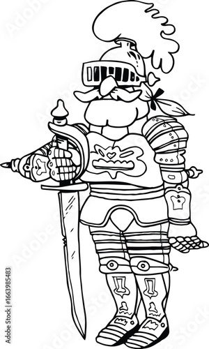 Illustrative depiction of a medieval knight in full plate armor standing stoically rendered as a clean vector graphic suitable for historical or fantasy themes